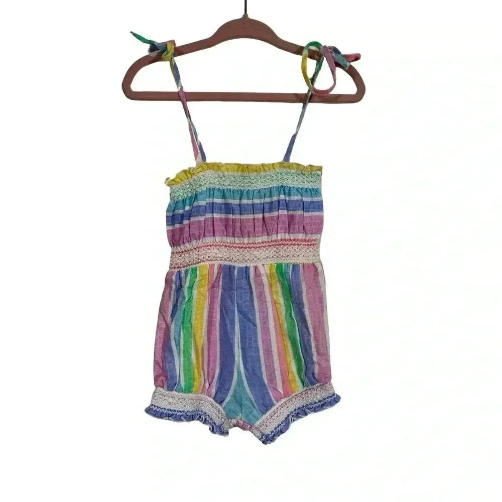 True Vintage Janie Press Rainbow Striped Romper Sunsuit Tie Shoulders